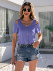 Decorative Button Round Neck Cold Shoulder T-Shirt - Cute Little Wish