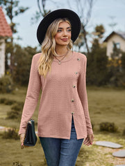 Decorative Button Slit Long Sleeve T-Shirt - Cute Little Wish