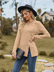 Decorative Button Slit Long Sleeve T-Shirt - Cute Little Wish