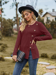 Decorative Button Slit Long Sleeve T-Shirt - Cute Little Wish