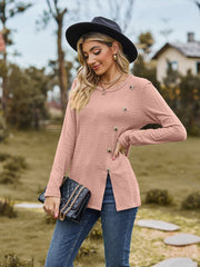 Decorative Button Slit Long Sleeve T-Shirt - Cute Little Wish