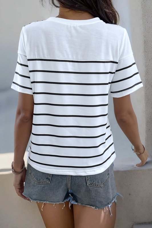 Decorative Button Striped Short Sleeve T-Shirt - Cute Little Wish