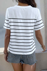 Decorative Button Striped Short Sleeve T-Shirt - Cute Little Wish