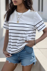 Decorative Button Striped Short Sleeve T-Shirt - Cute Little Wish