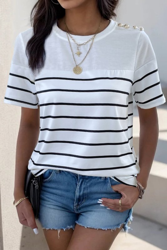 Decorative Button Striped Short Sleeve T-Shirt - Cute Little Wish