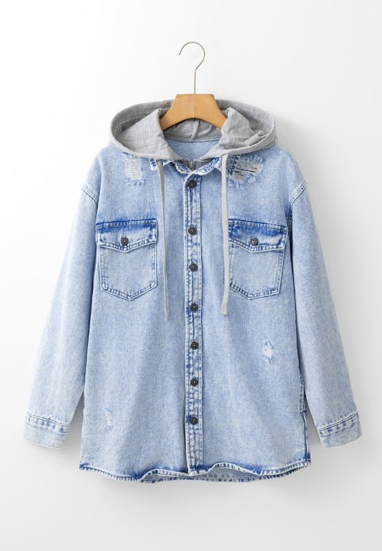 Distressed Button Up Hooded Denim Jacket with Pockets