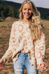 Distressed Trim Leopard V - Neck Sweater