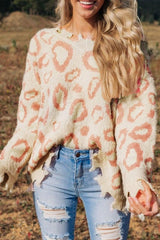 Distressed Trim Leopard V - Neck Sweater