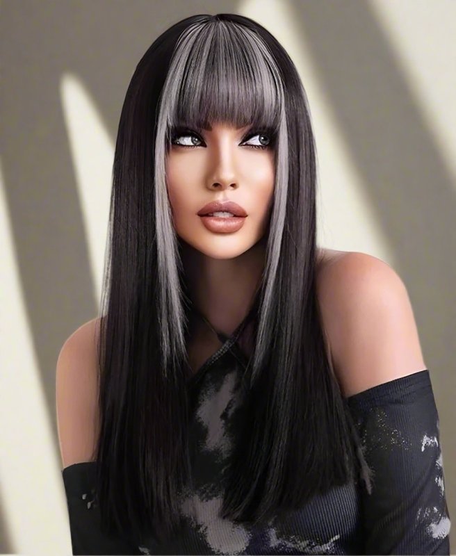 Dramatic Black and Silver Long Straight Synthetic Wig - Edgy Look with Silver Bangs - Cute Little Wish