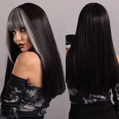 Dramatic Black and Silver Long Straight Synthetic Wig - Edgy Look with Silver Bangs - Cute Little Wish