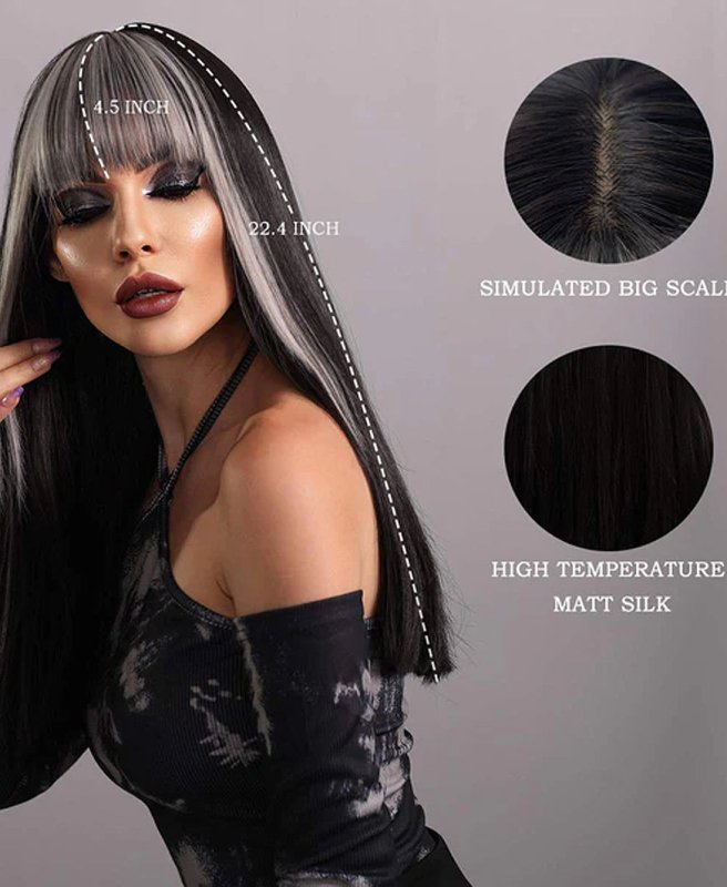 Dramatic Black and Silver Long Straight Synthetic Wig - Edgy Look with Silver Bangs - Cute Little Wish