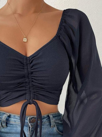 Drawstring Fashion Neck Cropped Top - Cute Little Wish