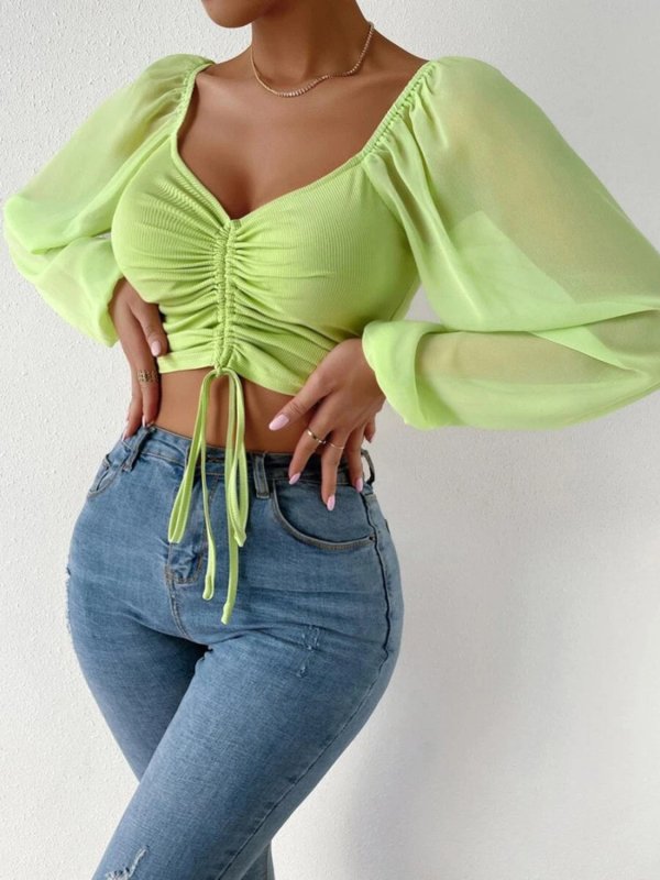 Drawstring Fashion Neck Cropped Top - Cute Little Wish