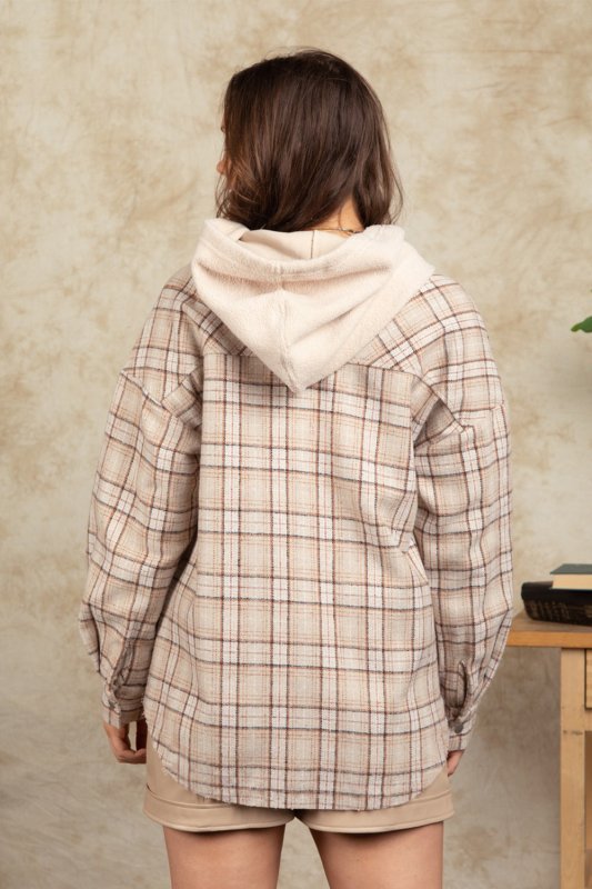 Drawstring Plaid Long Sleeve Hooded Jacket