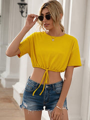 Drawstring Round Neck Short Sleeve T-Shirt - Cute Little Wish