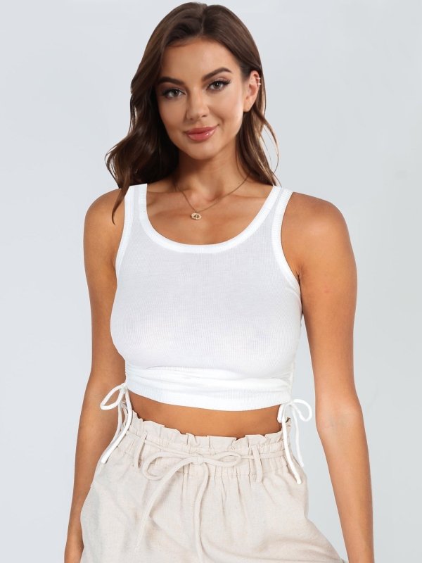 Drawstring Ruched Round Neck Tank - Cute Little Wish