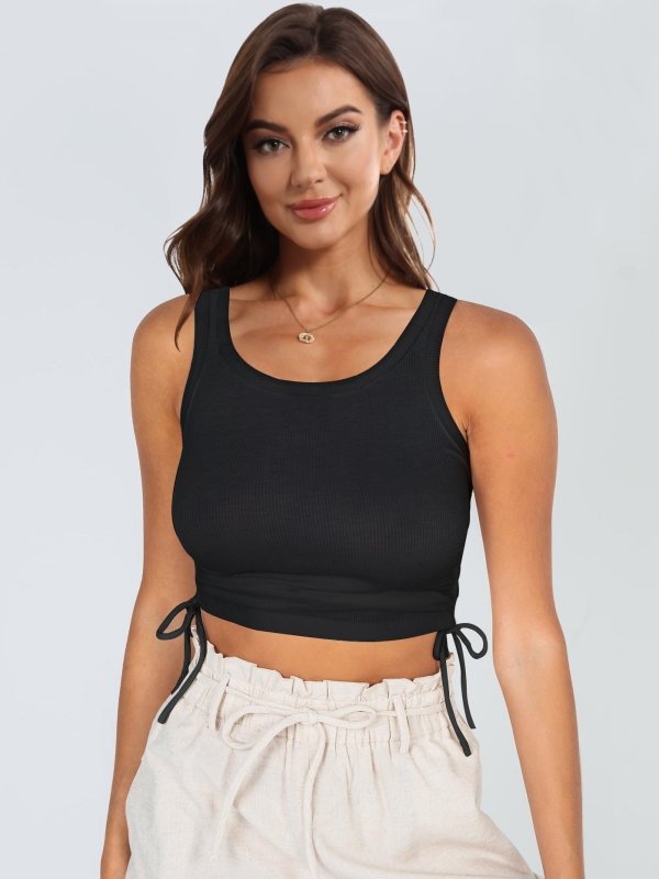 Drawstring Ruched Round Neck Tank - Cute Little Wish