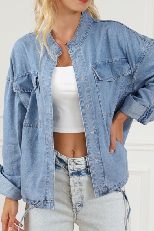 Drawstring Snap Down Denim Jacket with Chest Pockets