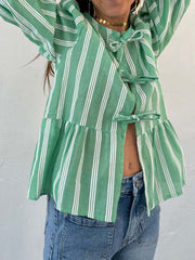 Tied Round Neck Balloon Sleeve Shirt