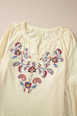 Embroidered Notched Long Sleeve Blouse