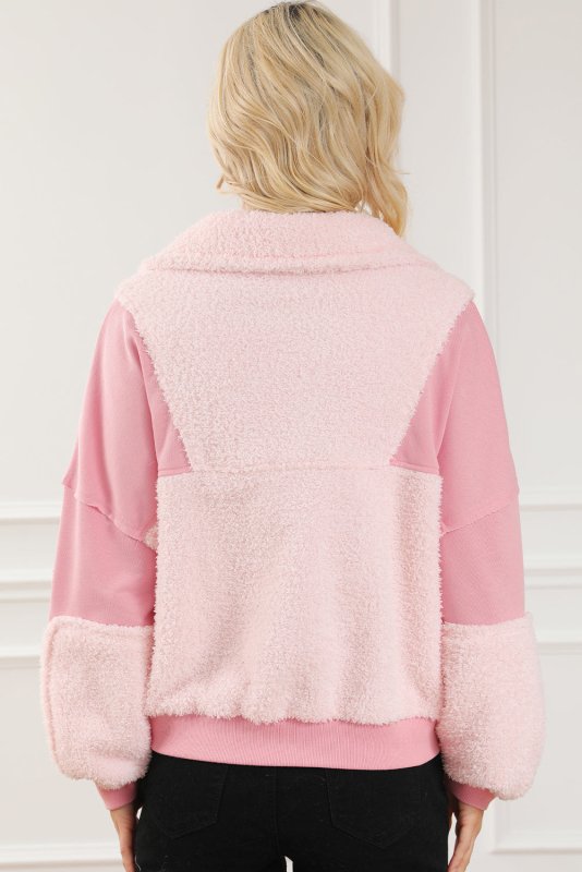 Exposed Seam Fuzzy Patchwork Quarter Zip Sweatshirt