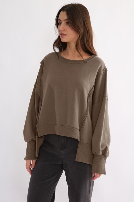 Exposed Seam High - Low Long Sleeve Sweatshirt