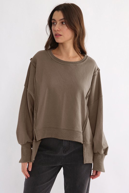 Exposed Seam High - Low Long Sleeve Sweatshirt