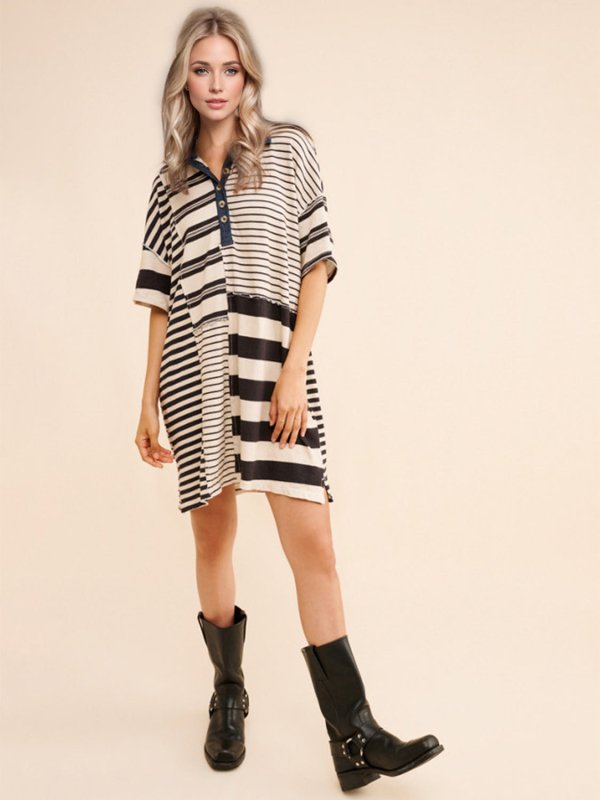 Exposed Seam Striped Half Sleeve Mini Dress