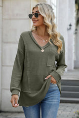 Exposed Seam V - Neck Long Sleeve T-Shirt