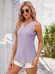 Eyelet Decorative Button V-Neck Tank - Cute Little Wish