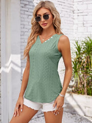 Eyelet Decorative Button V-Neck Tank - Cute Little Wish