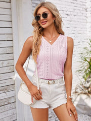 Eyelet Decorative Button V-Neck Tank - Cute Little Wish