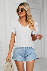 Eyelet Layered Flutter Sleeve V-Neck Knit Top - Cute Little Wish