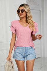 Eyelet Layered Flutter Sleeve V-Neck Knit Top - Cute Little Wish