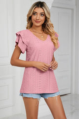 Eyelet Layered Flutter Sleeve V-Neck Knit Top - Cute Little Wish