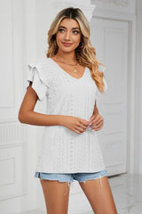 Eyelet Layered Flutter Sleeve V-Neck Knit Top - Cute Little Wish