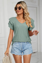 Eyelet Layered Flutter Sleeve V-Neck Knit Top - Cute Little Wish