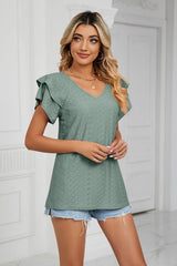 Eyelet Layered Flutter Sleeve V-Neck Knit Top - Cute Little Wish