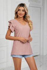 Eyelet Layered Flutter Sleeve V-Neck Knit Top - Cute Little Wish