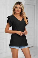 Eyelet Layered Flutter Sleeve V-Neck Knit Top - Cute Little Wish