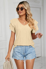 Eyelet Layered Flutter Sleeve V-Neck Knit Top - Cute Little Wish