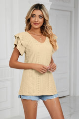 Eyelet Layered Flutter Sleeve V-Neck Knit Top - Cute Little Wish