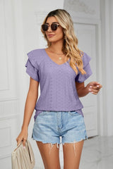 Eyelet Layered Flutter Sleeve V-Neck Knit Top - Cute Little Wish