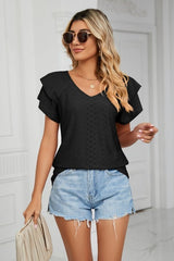 Eyelet Layered Flutter Sleeve V-Neck Knit Top - Cute Little Wish