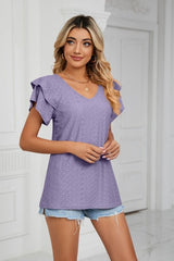 Eyelet Layered Flutter Sleeve V-Neck Knit Top - Cute Little Wish