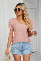 Eyelet Layered Flutter Sleeve V-Neck Knit Top - Cute Little Wish