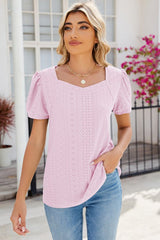 Eyelet Puff Sleeve T-Shirt - Cute Little Wish