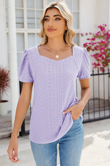 Eyelet Puff Sleeve T-Shirt - Cute Little Wish