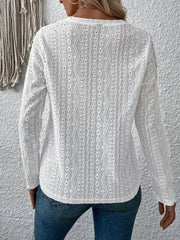 Eyelet Round Neck Long Sleeve Blouse - Cute Little Wish