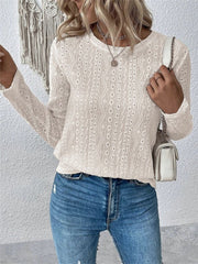 Eyelet Round Neck Long Sleeve Blouse - Cute Little Wish